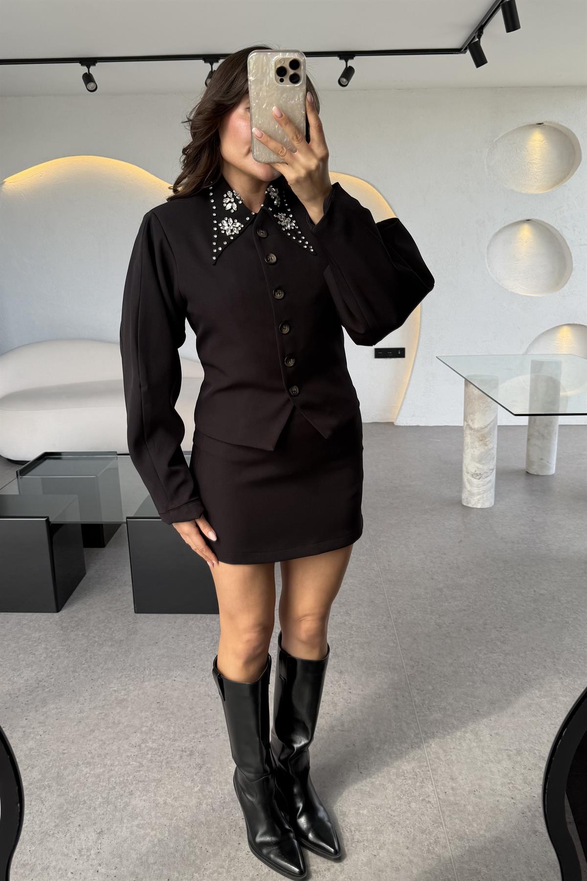 Moraes Siyah Taşlı Tasarım Gömlek