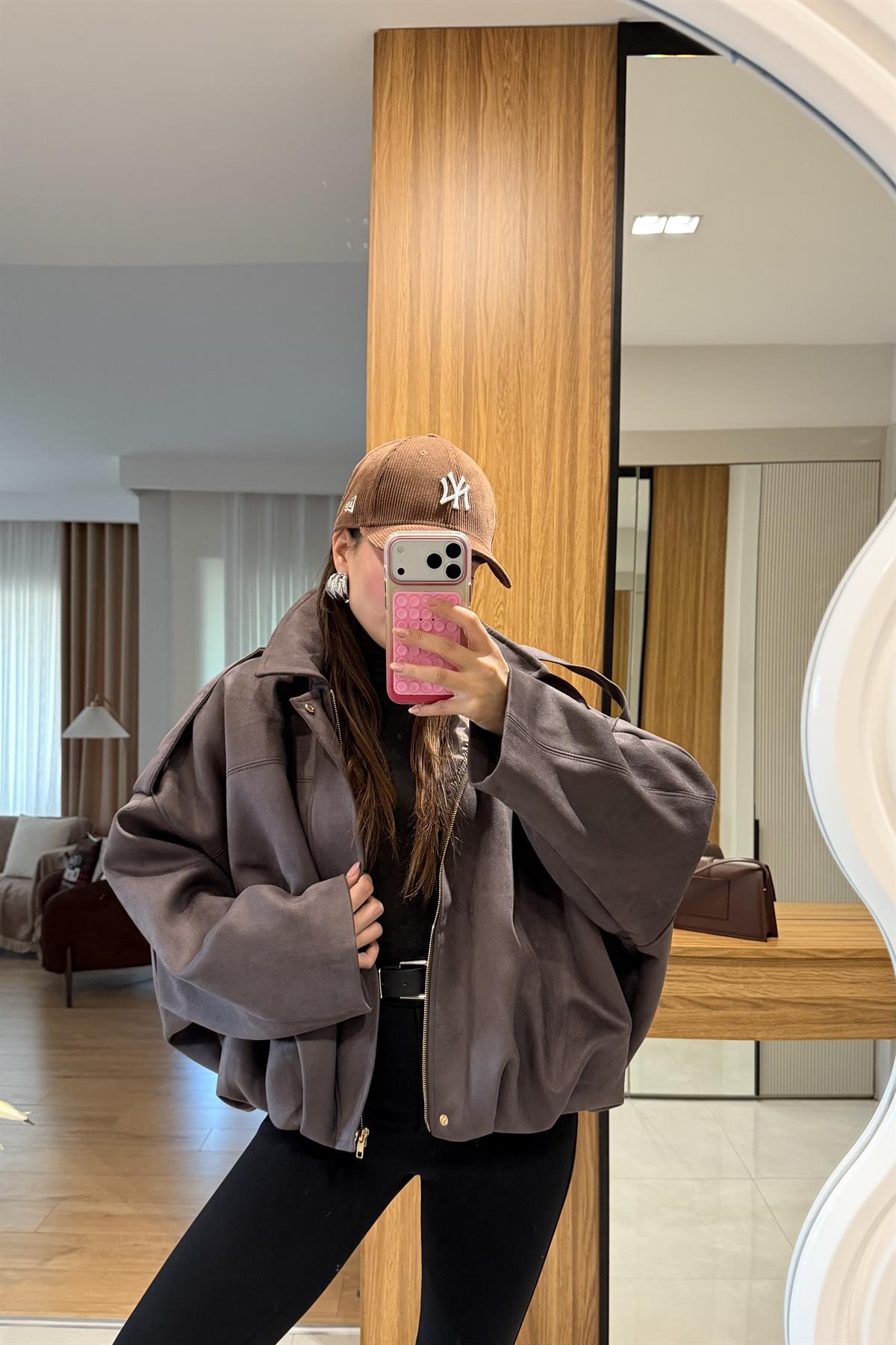 Moreno Koyu Gri Bomber Süet Ceket