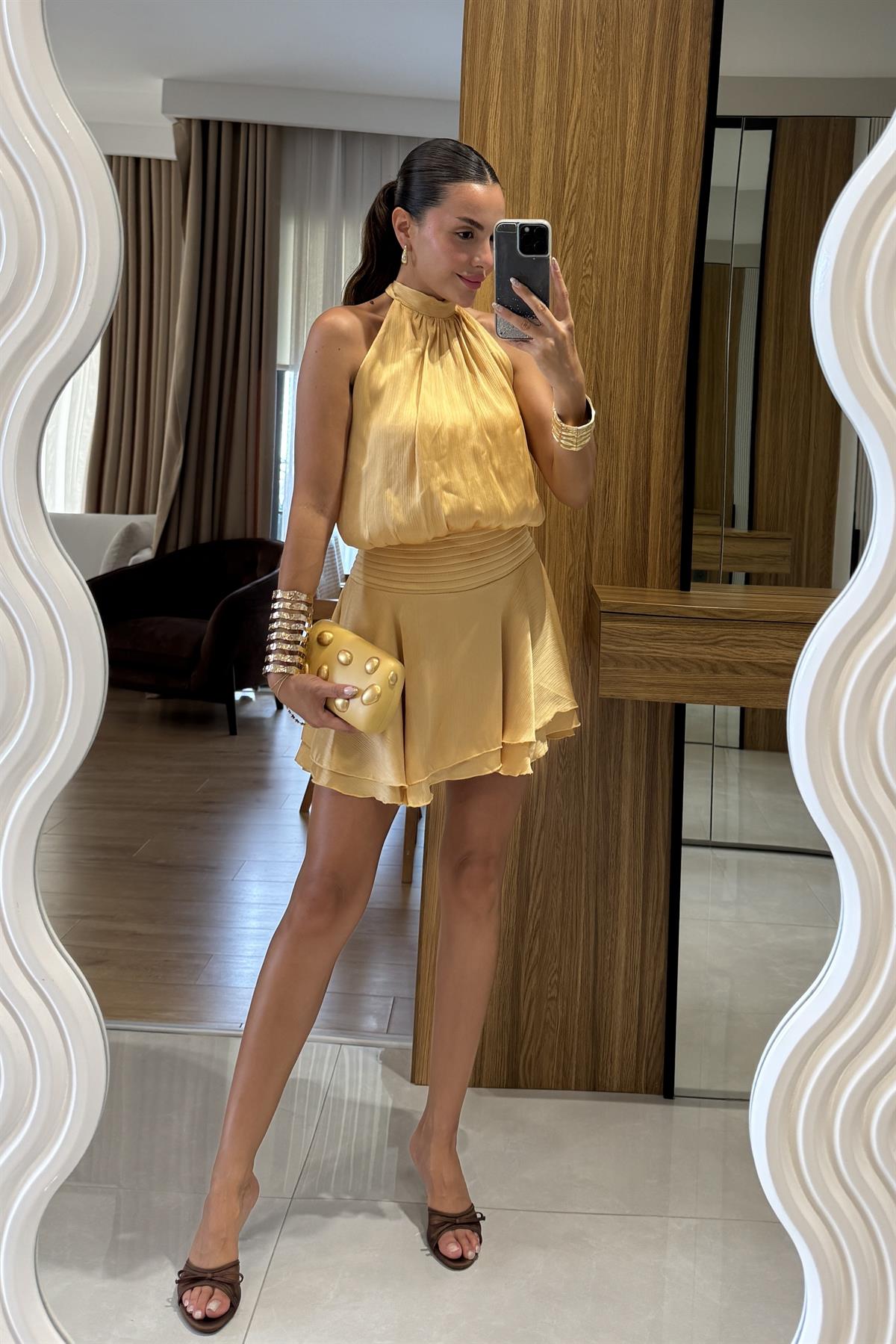 Moroni Sarı Belden Oturtmalı Volanlı Mini Elbise