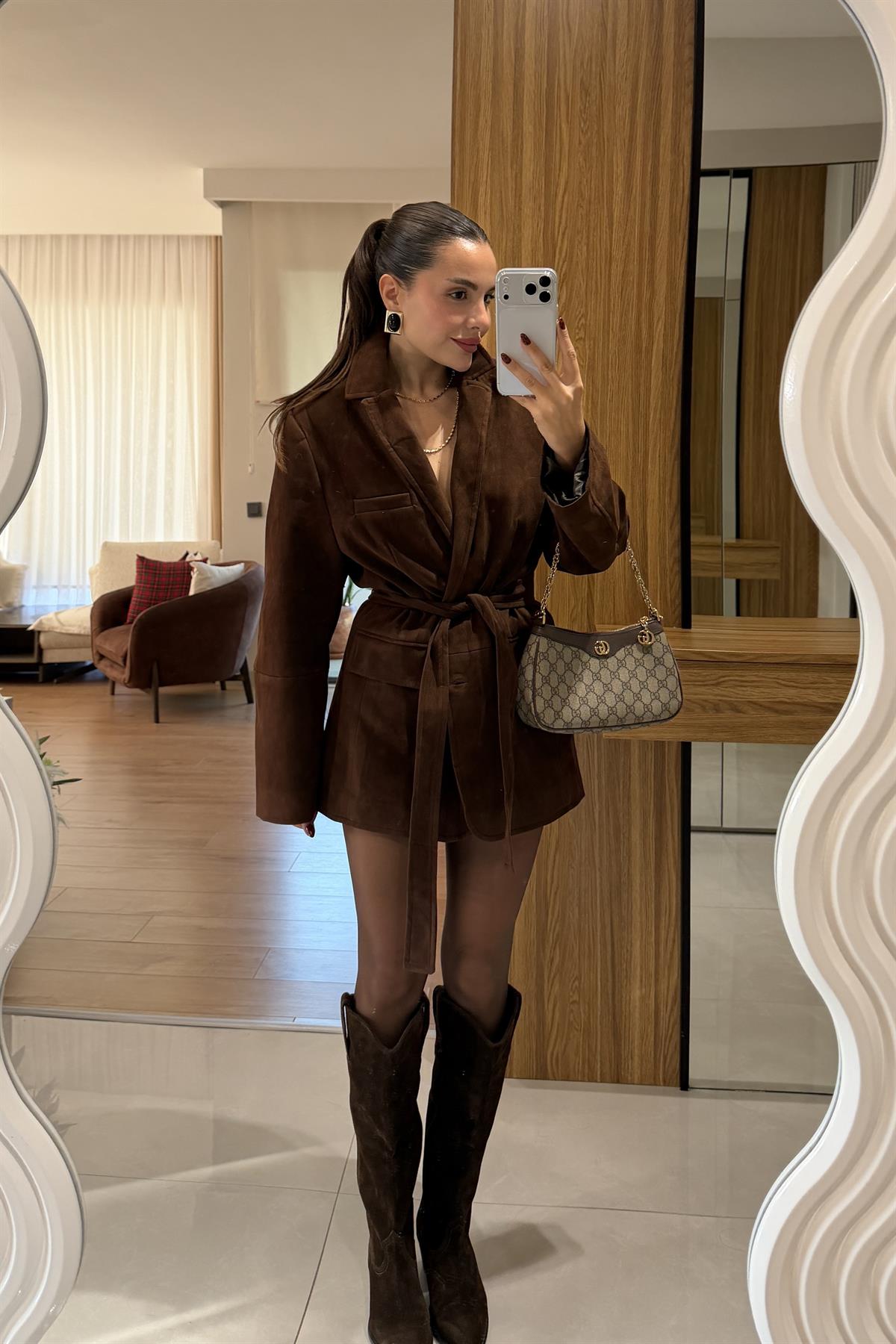 Morrison Acı Kahve Süet Kuşaklı Blazer Ceket