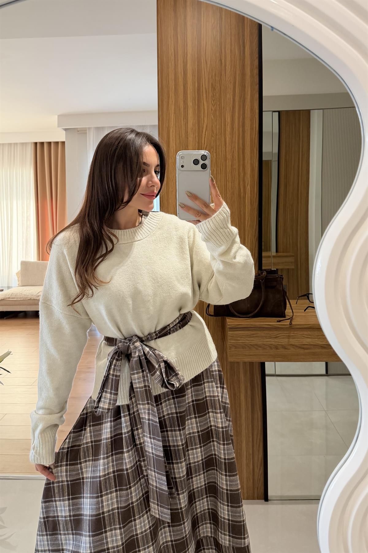 Mosselle Acı Kahve Ekose Kuşaklı Elbise