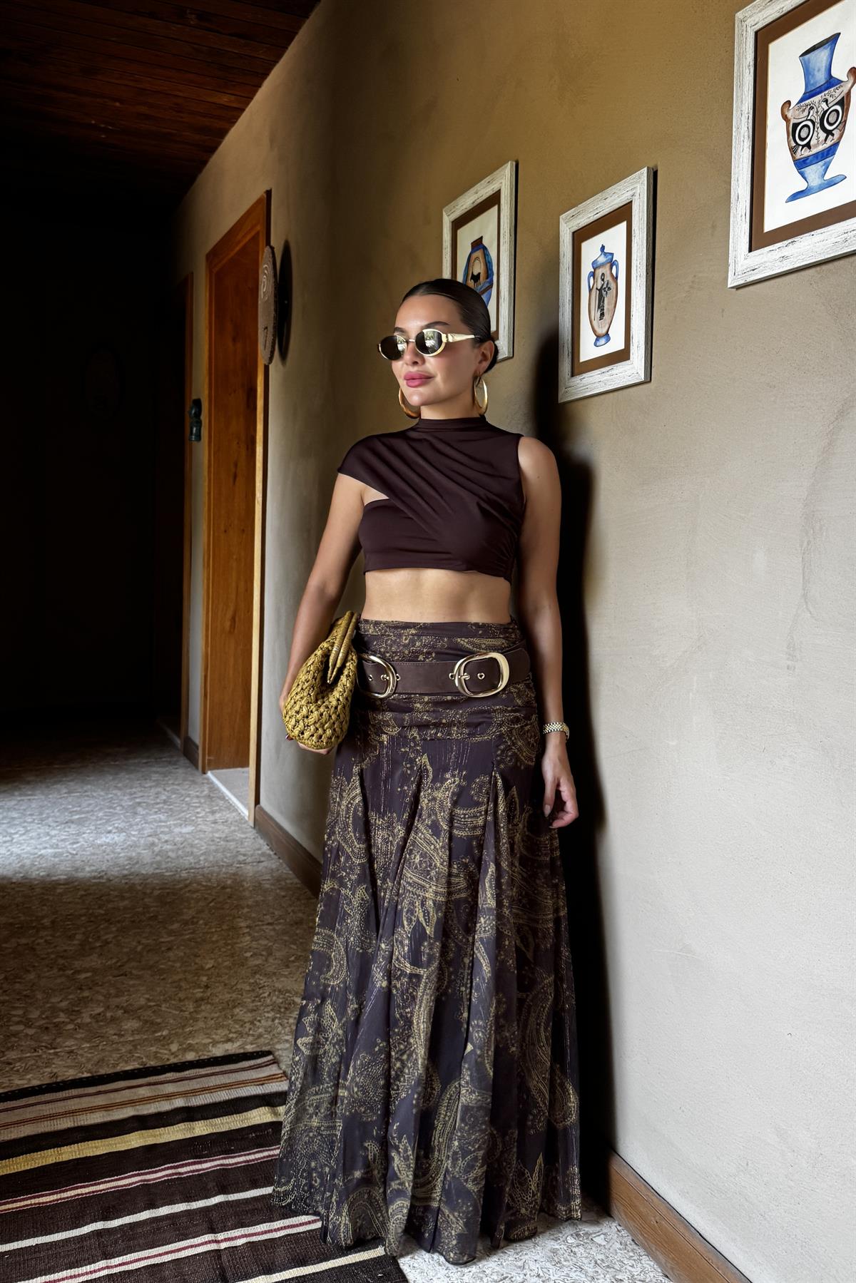 Motta Kahve Desenli Drapeli Maxi Etek