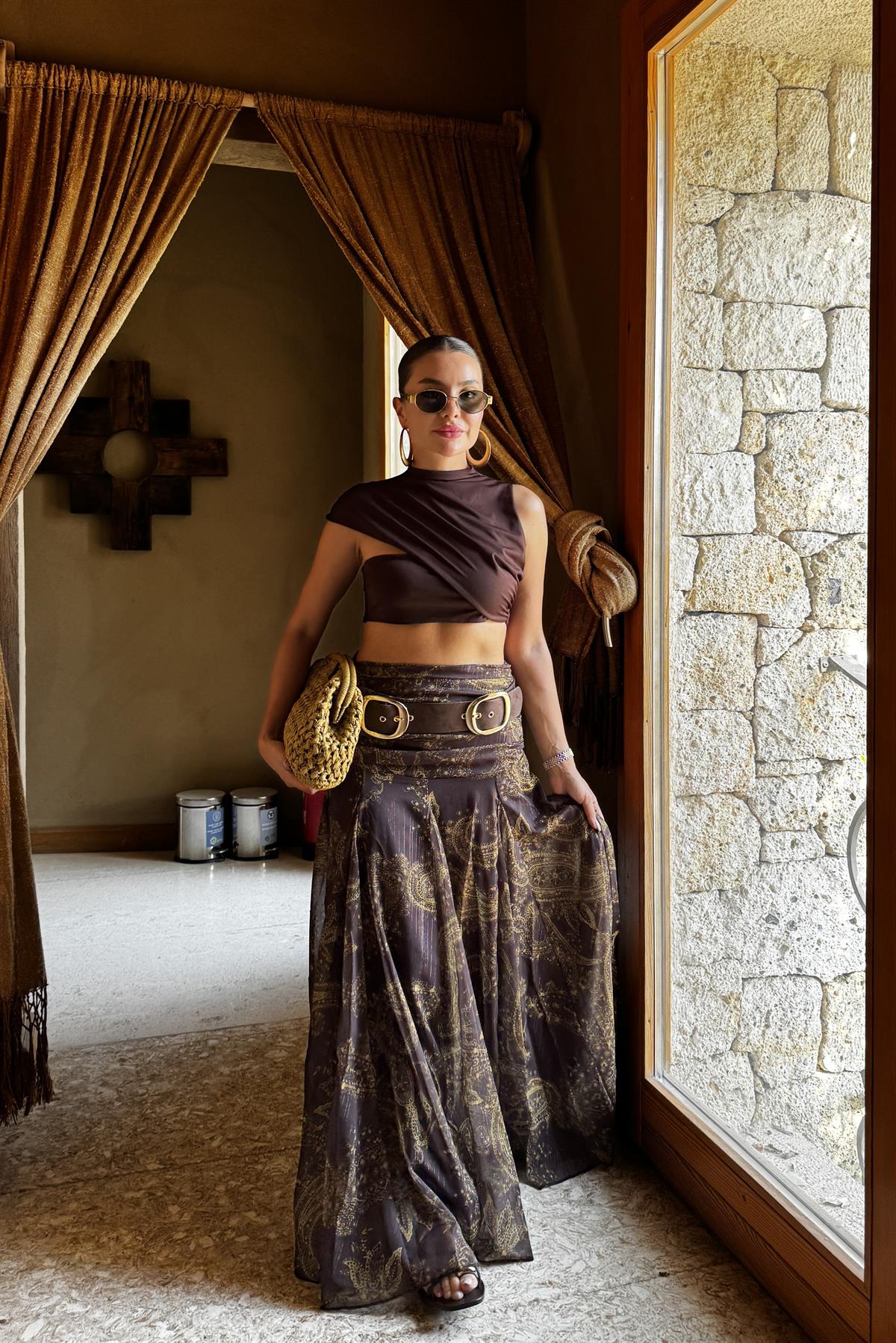 Motta Kahve Desenli Drapeli Maxi Etek