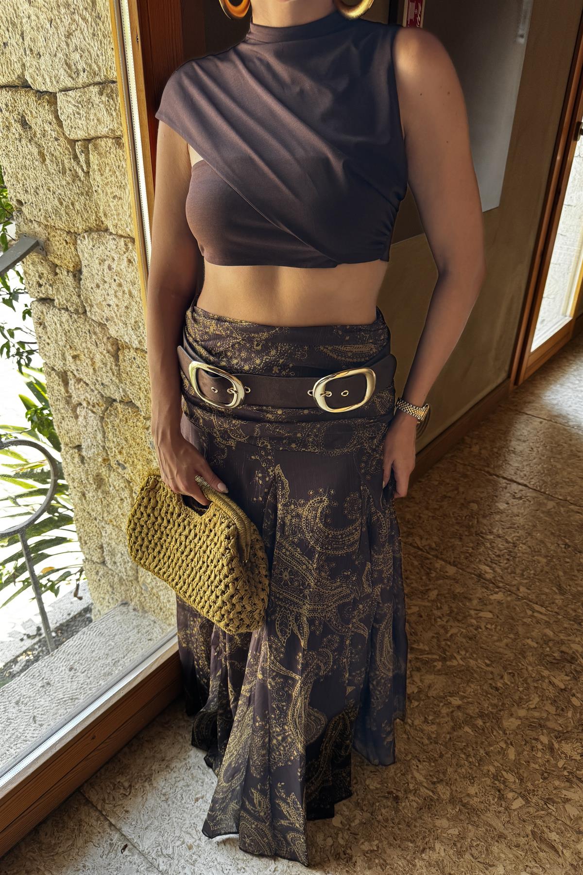 Motta Kahve Desenli Drapeli Maxi Etek