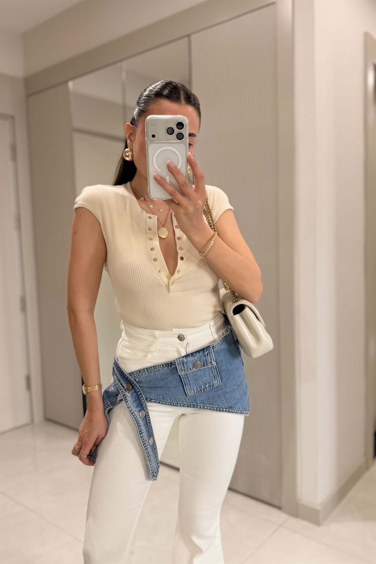 Mery Krem İki Parça Tasarım İspanyol Jean