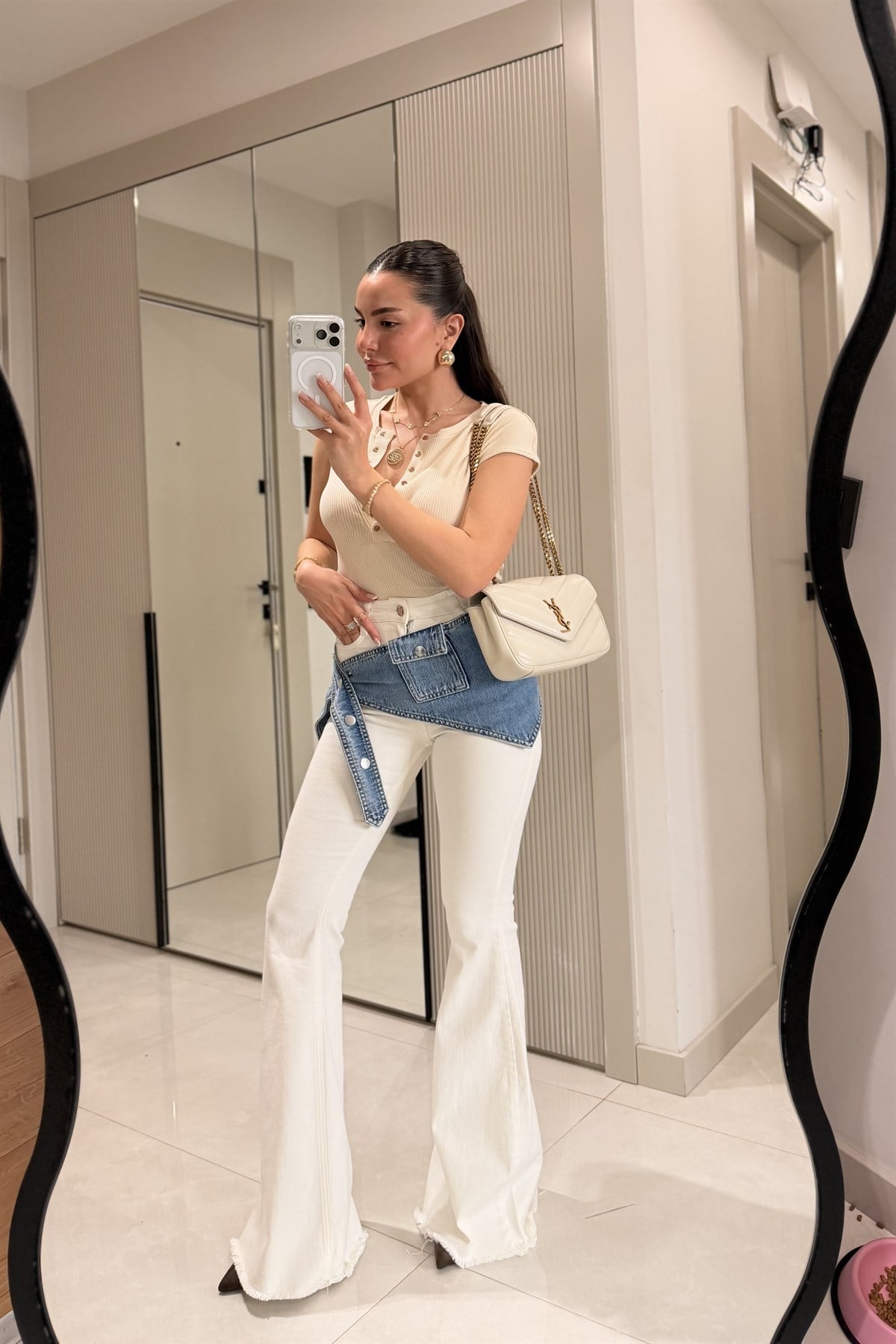 Mery Krem İki Parça Tasarım İspanyol Jean