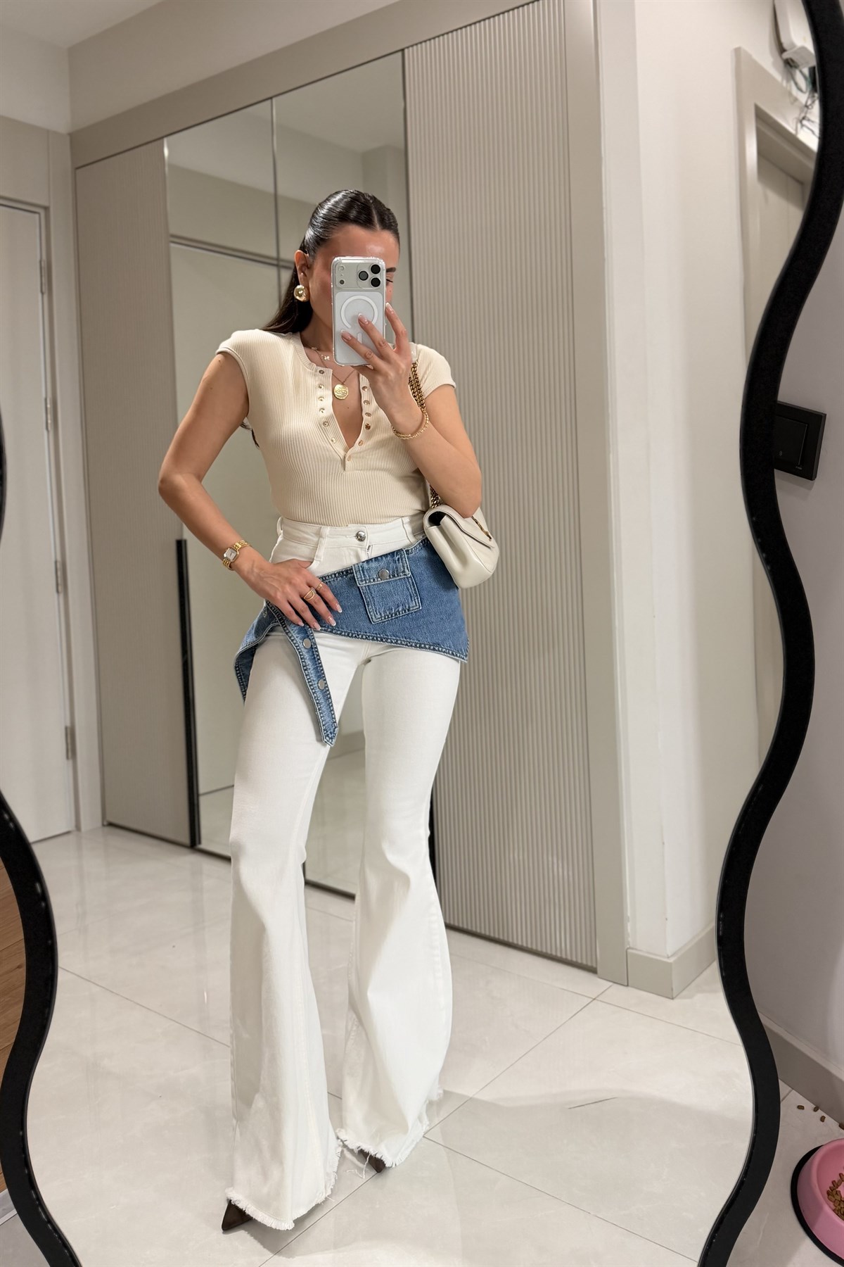 Mery Krem İki Parça Tasarım İspanyol Jean