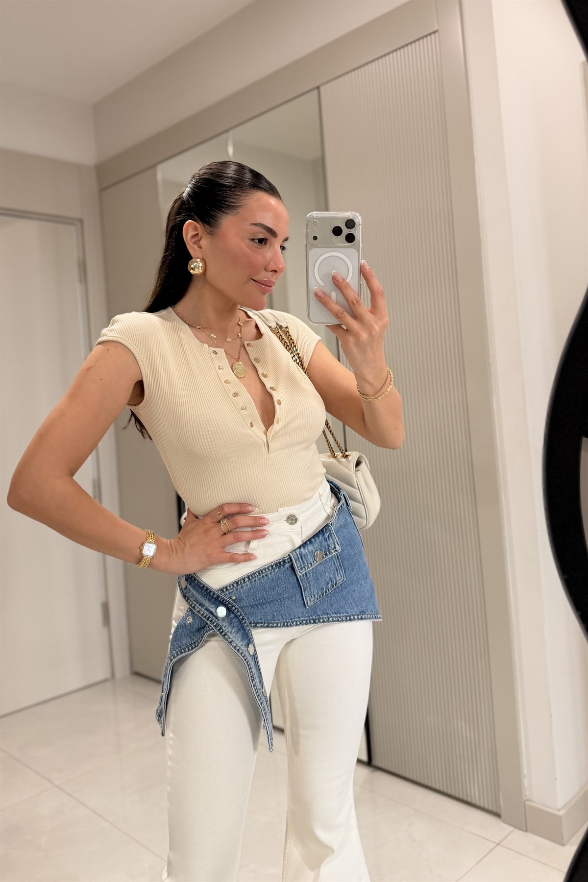 Mery Krem İki Parça Tasarım İspanyol Jean