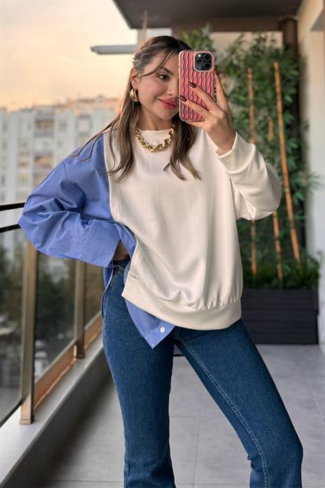 Muffin Çizgili Tasarım Sweat - Beyaz