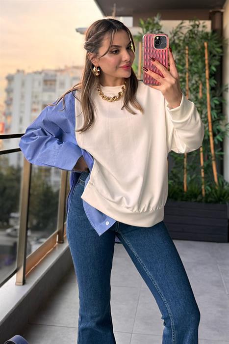 Muffin Çizgili Tasarım Sweat - Beyaz