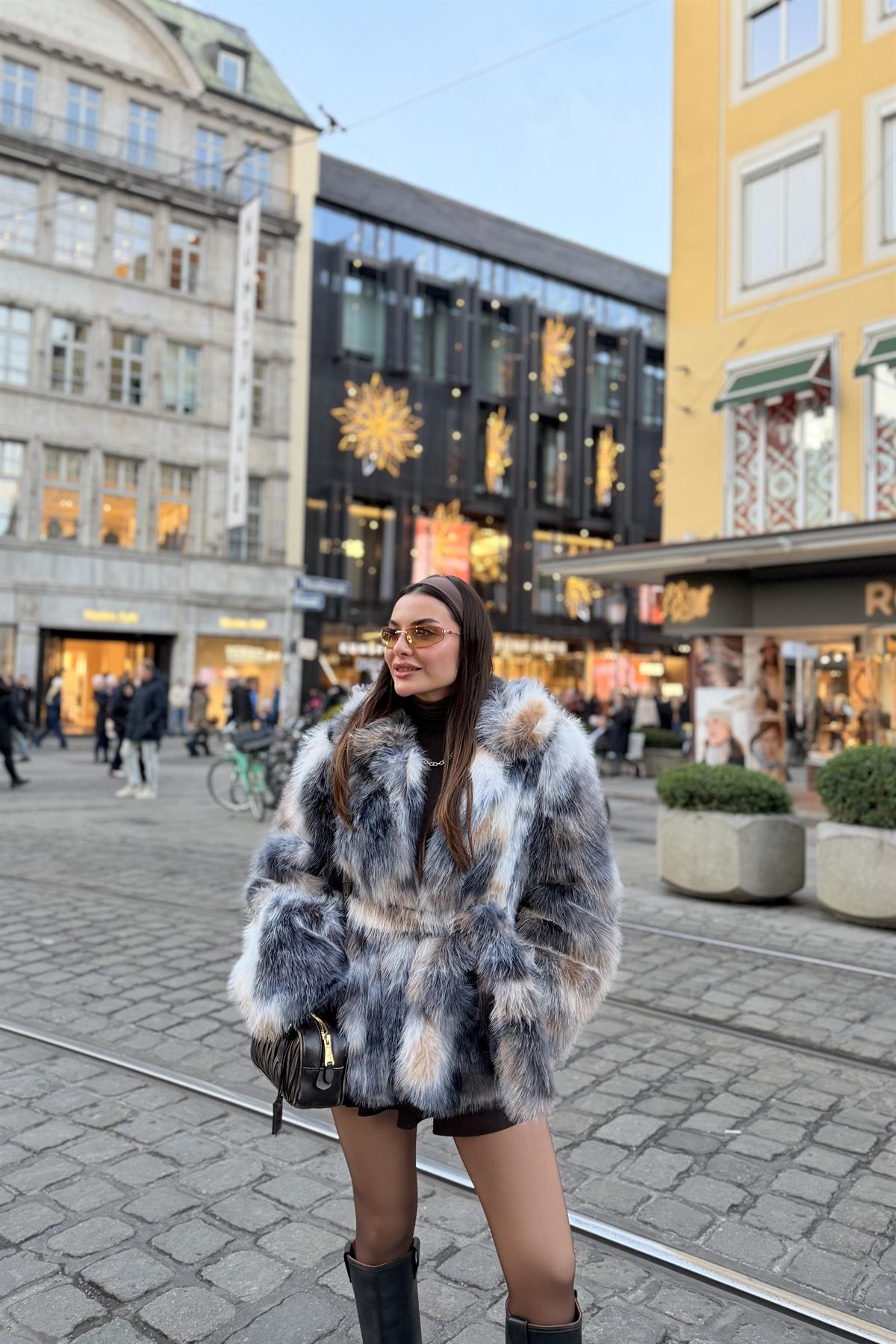 München Gri Detaylı Bağlamalı Premium Kürk