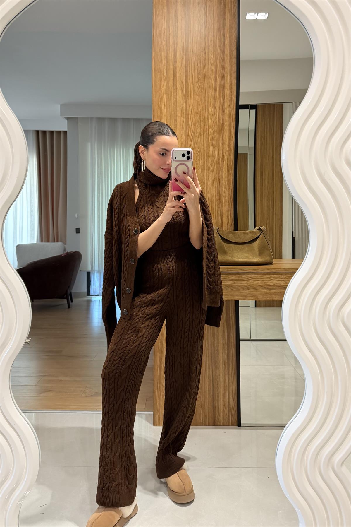 Munich Kahve Üçlü Örgü Takım