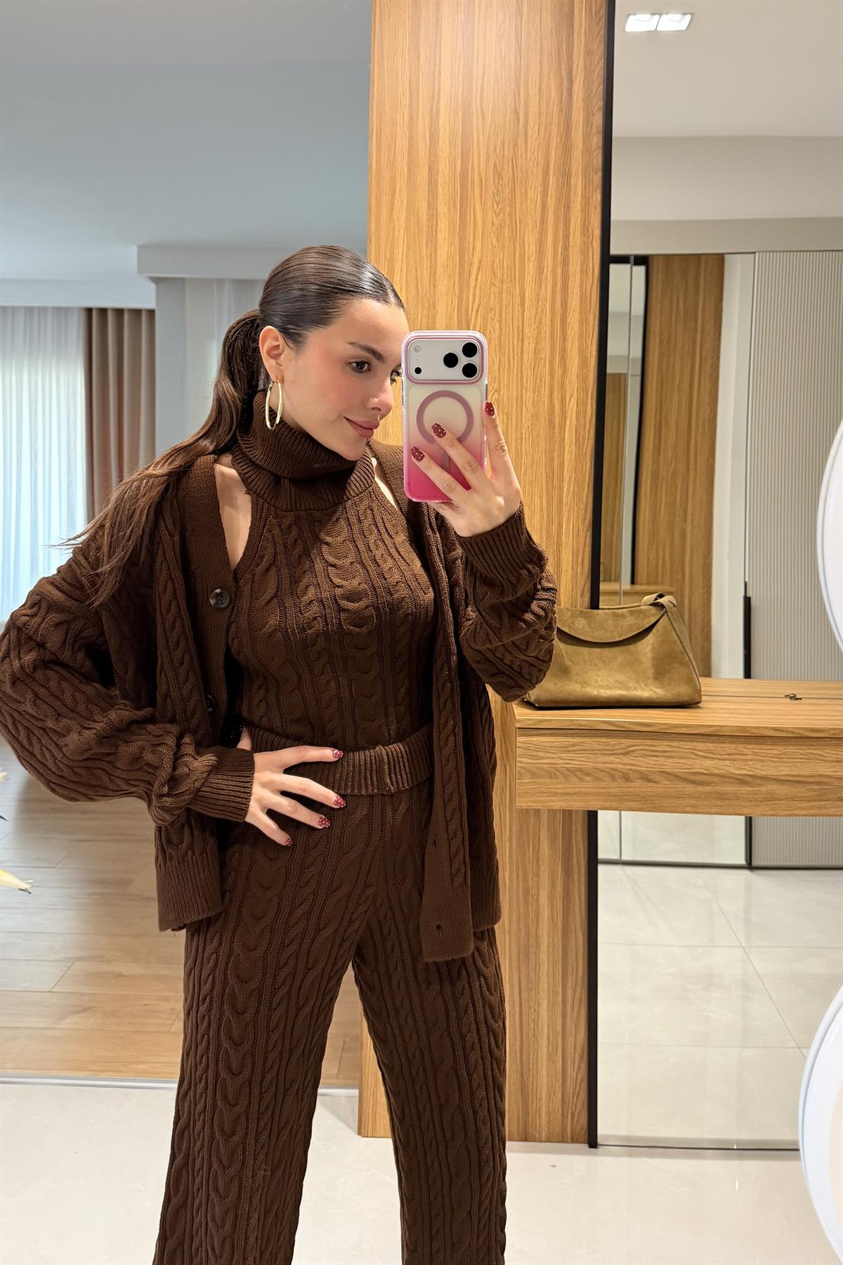 Munich Kahve Üçlü Örgü Takım