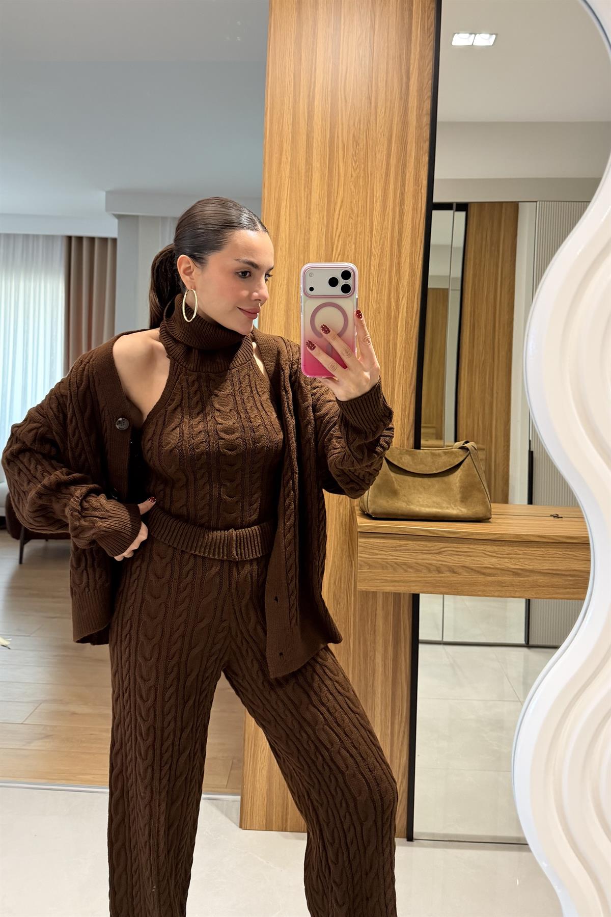 Munich Kahve Üçlü Örgü Takım