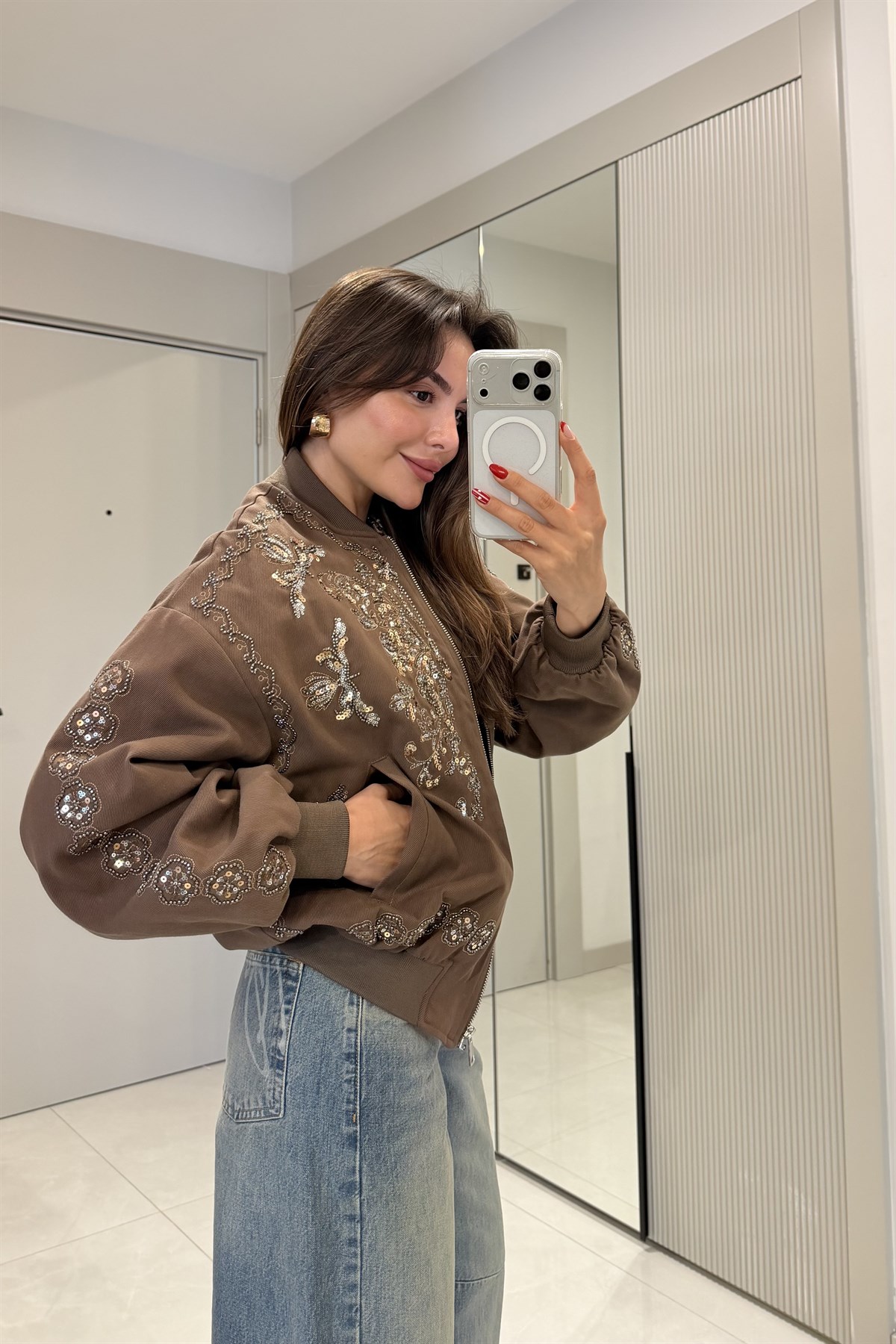 Murpy Kahve Taşlı Tasarım Bomber Ceket