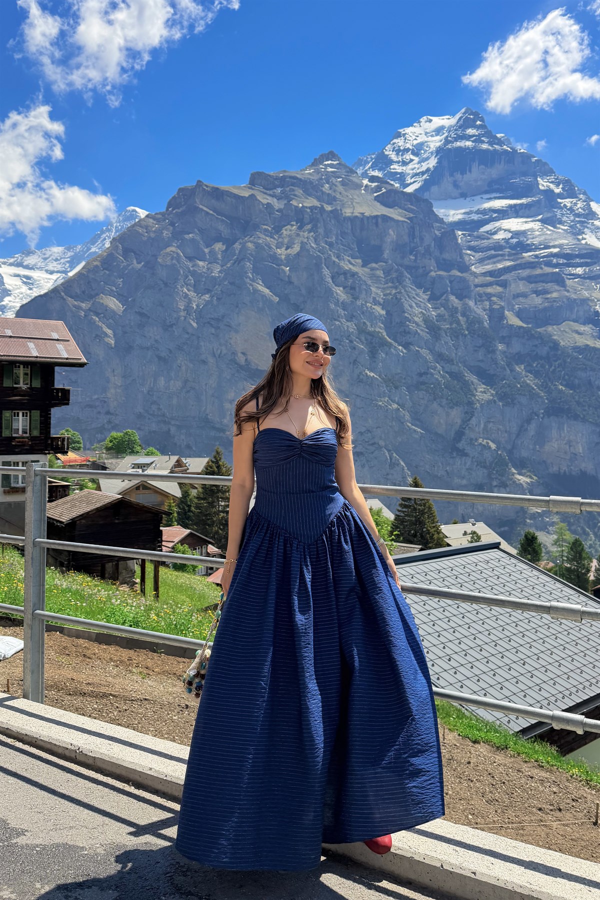 Mürren Lacivert Çizgili Bandanalı Korseli Elbise