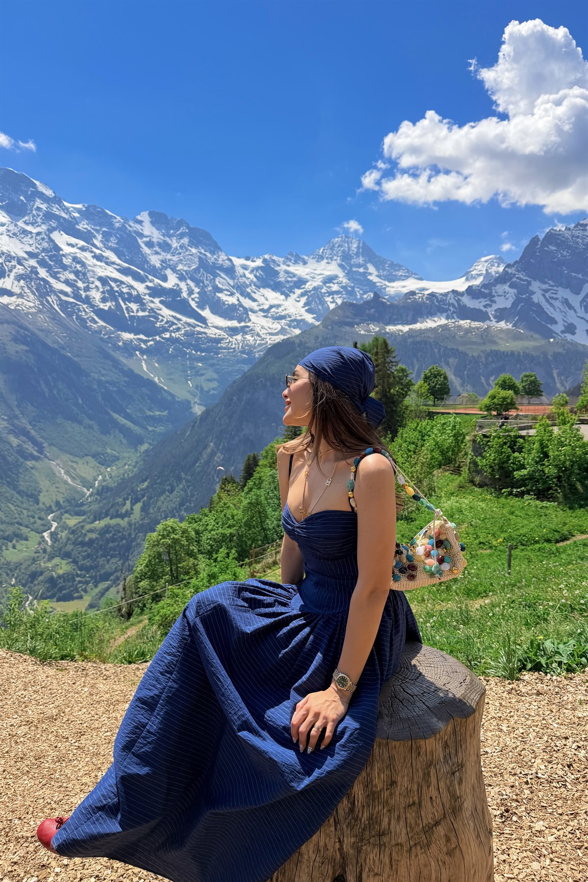 Mürren Lacivert Çizgili Bandanalı Korseli Elbise