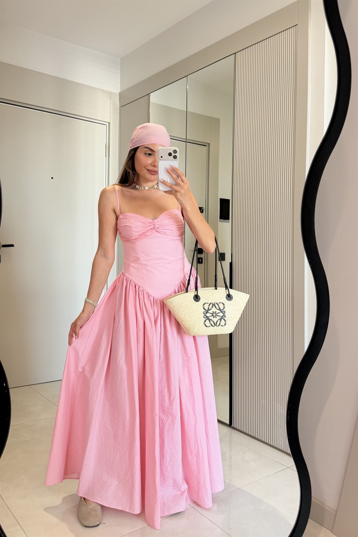 Mürren Pembe Çizgili Bandanalı Korseli Elbise