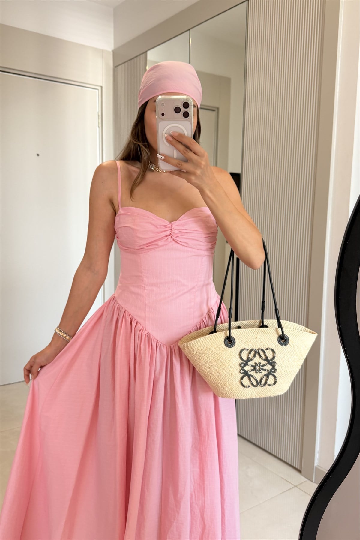 Mürren Pembe Çizgili Bandanalı Korseli Elbise