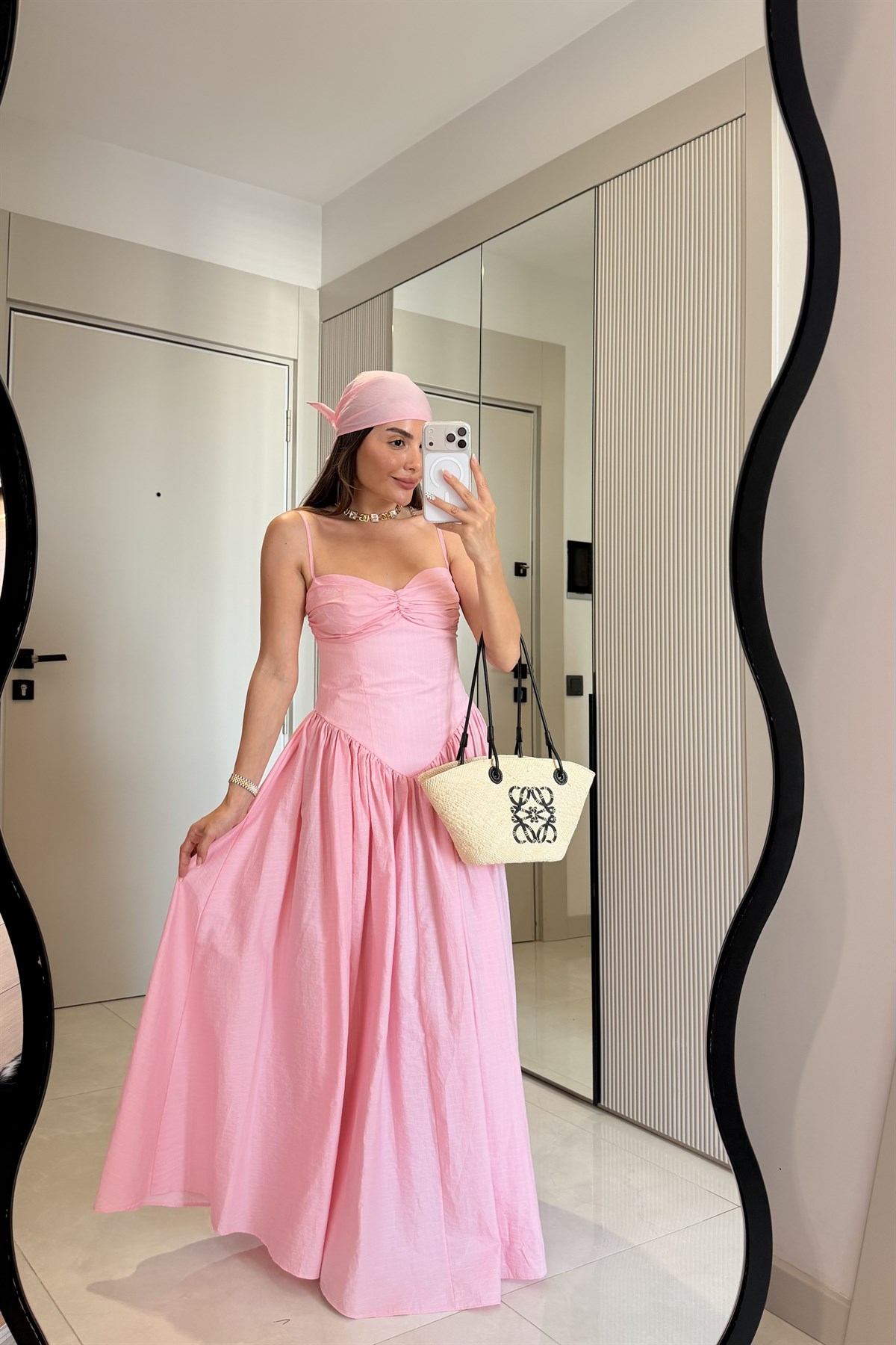 Mürren Pembe Çizgili Bandanalı Korseli Elbise