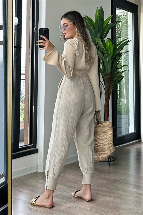 Müslin kumaş krem slouchy pantolon