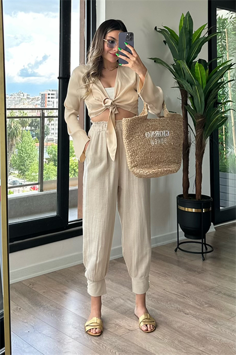 Müslin kumaş krem slouchy pantolon