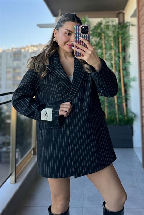 MW Çizgili Blazer Ceket - Siyah