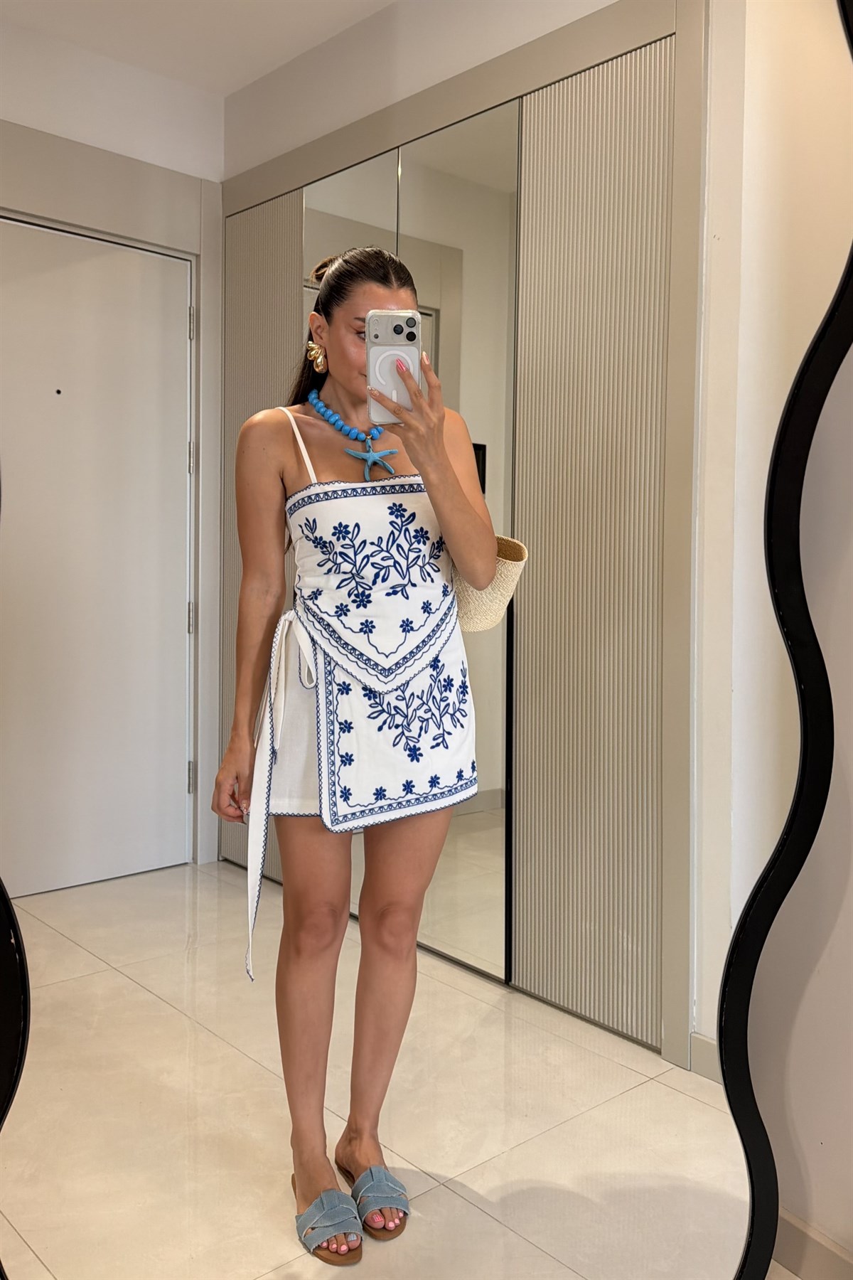 Mykonos Mavi Nakışlı Şot Etek Crop Takım