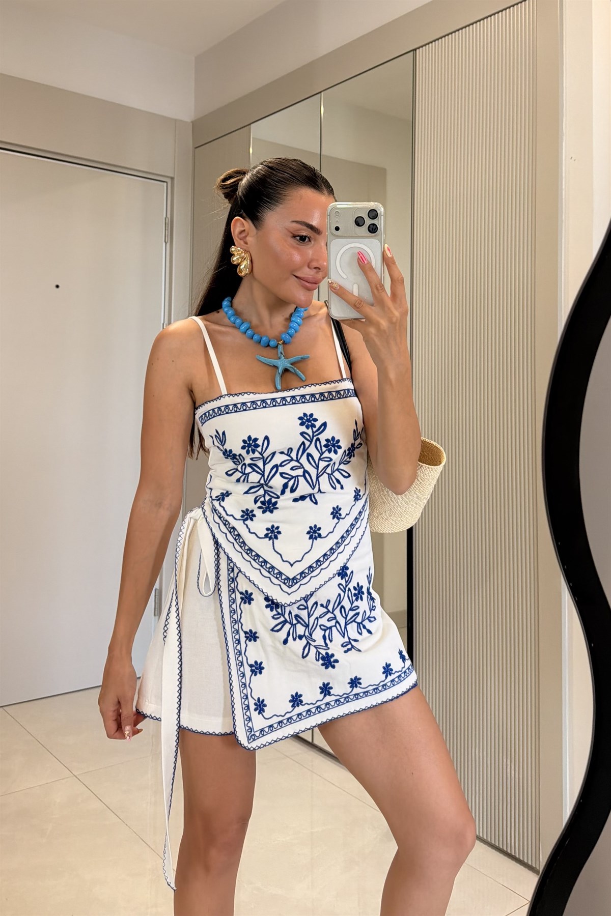 Mykonos Mavi Nakışlı Şot Etek Crop Takım