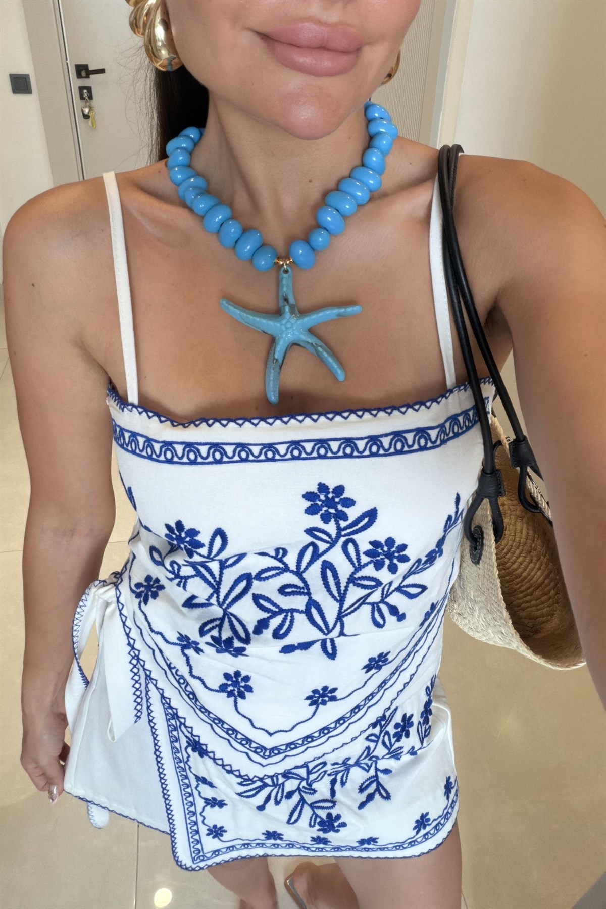 Mykonos Mavi Nakışlı Şot Etek Crop Takım