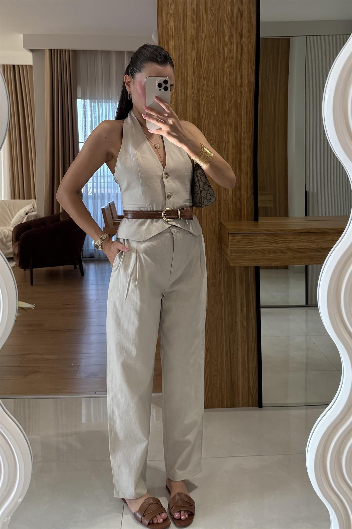 Myles Bej Kemerli Premium Keten Takım