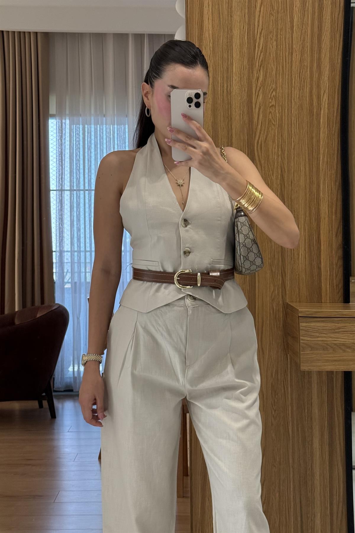 Myles Bej Kemerli Premium Keten Takım