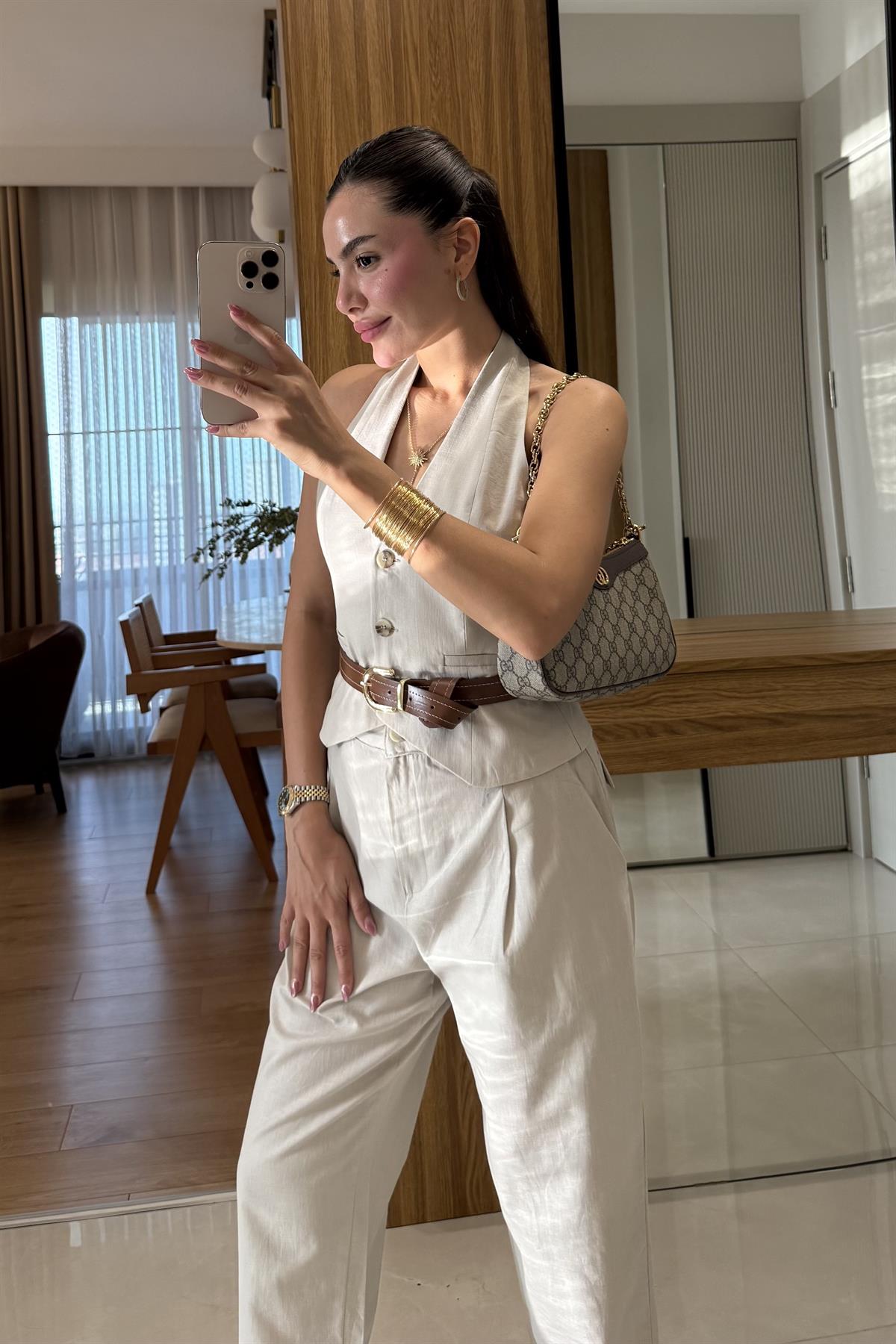 Myles Bej Kemerli Premium Keten Takım