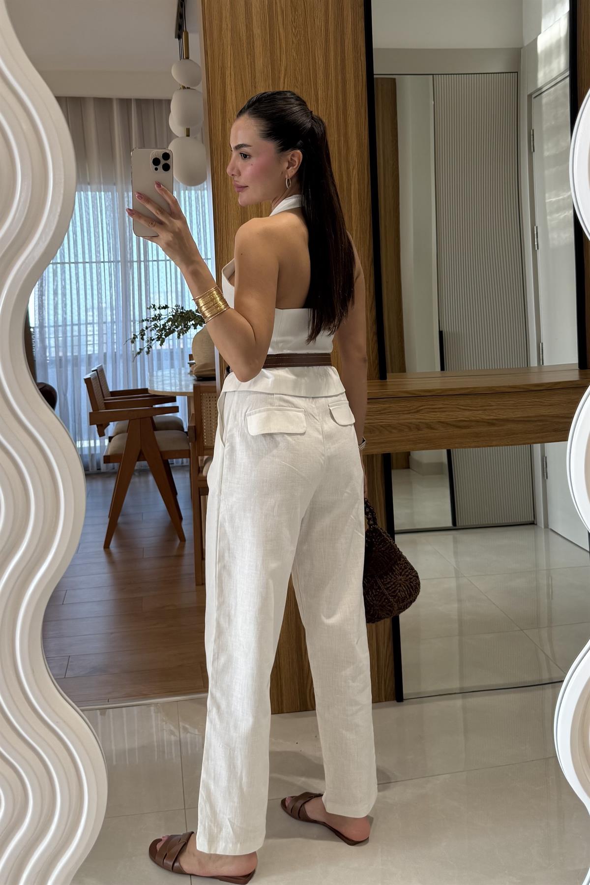 Myles Beyaz Kemerli Premium Keten Takım