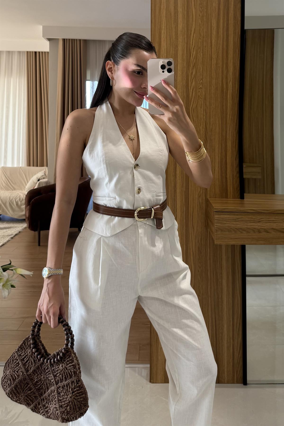 Myles Beyaz Kemerli Premium Keten Takım