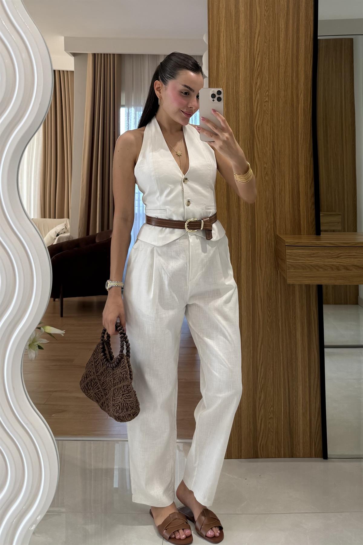 Myles Beyaz Kemerli Premium Keten Takım