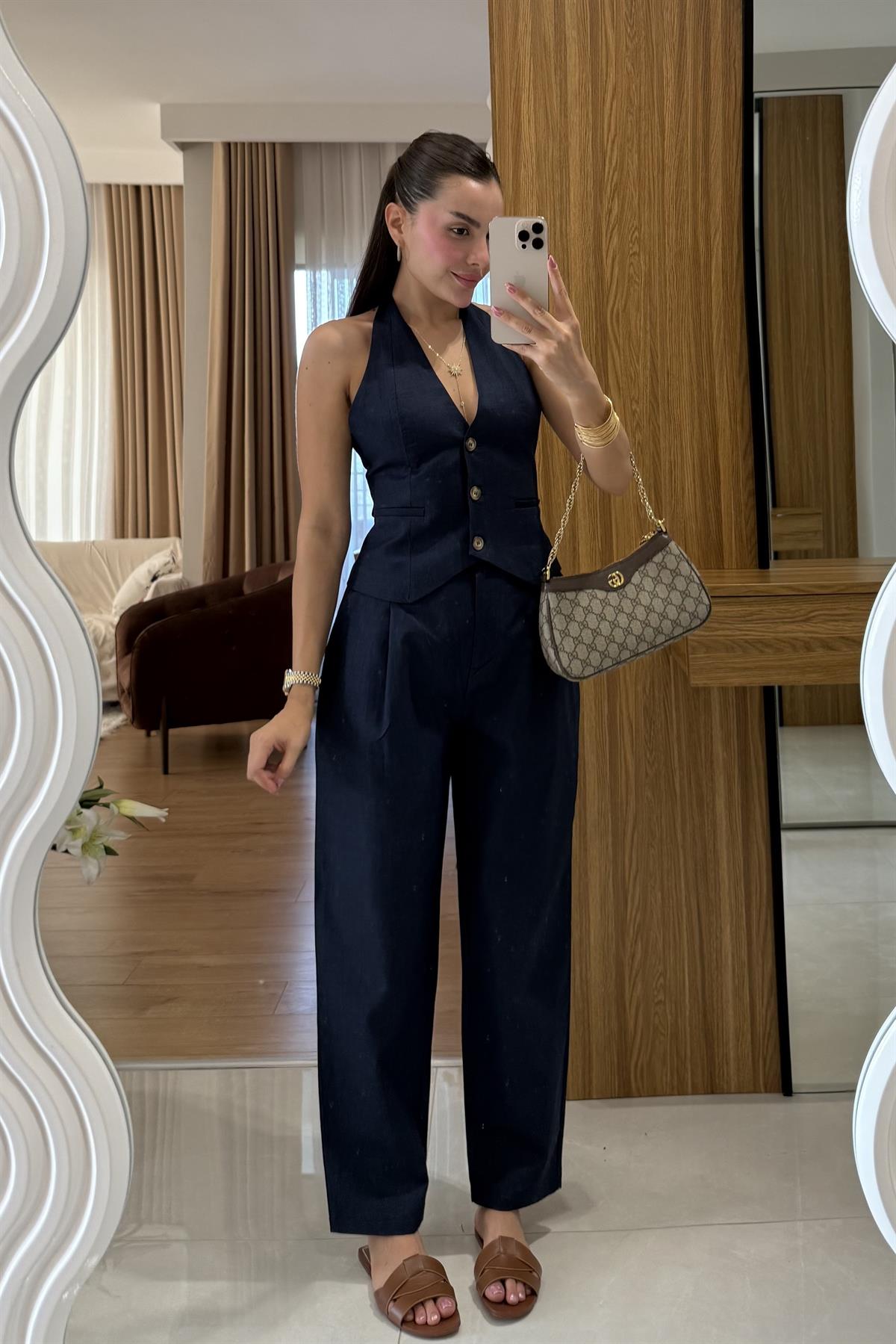 Myles Lacivert Kemerli Premium Keten Takım