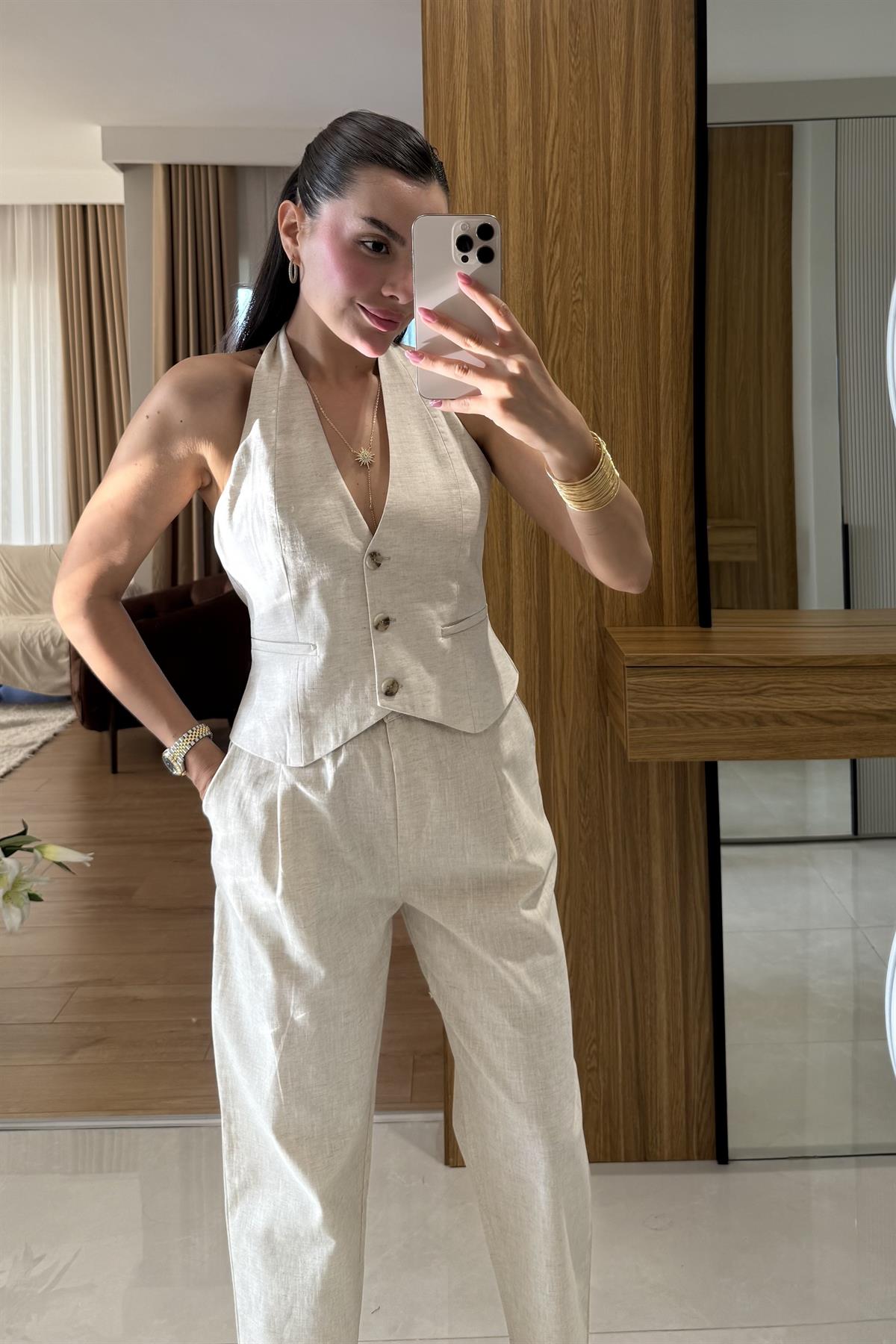 Myles Natural Kemerli Premium Keten Takım