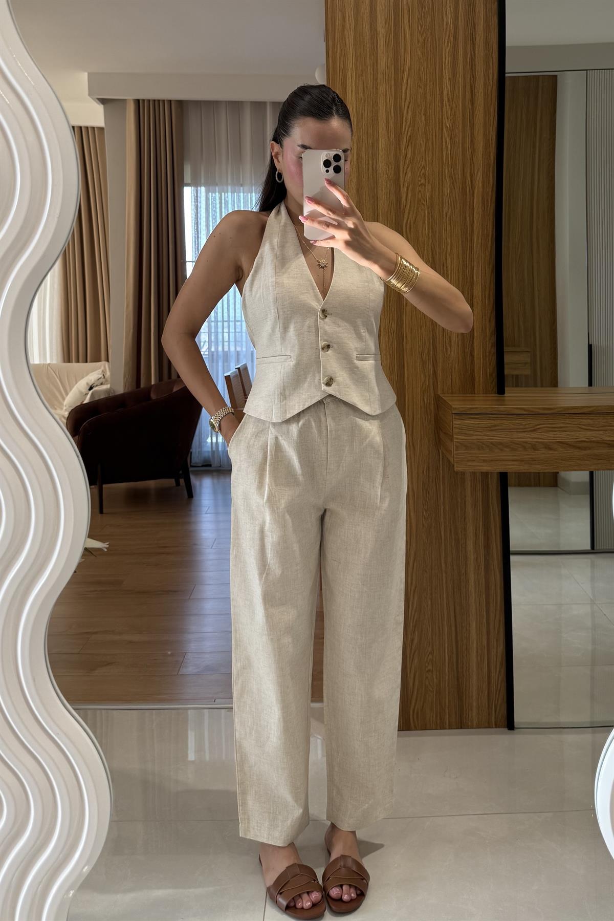 Myles Natural Kemerli Premium Keten Takım