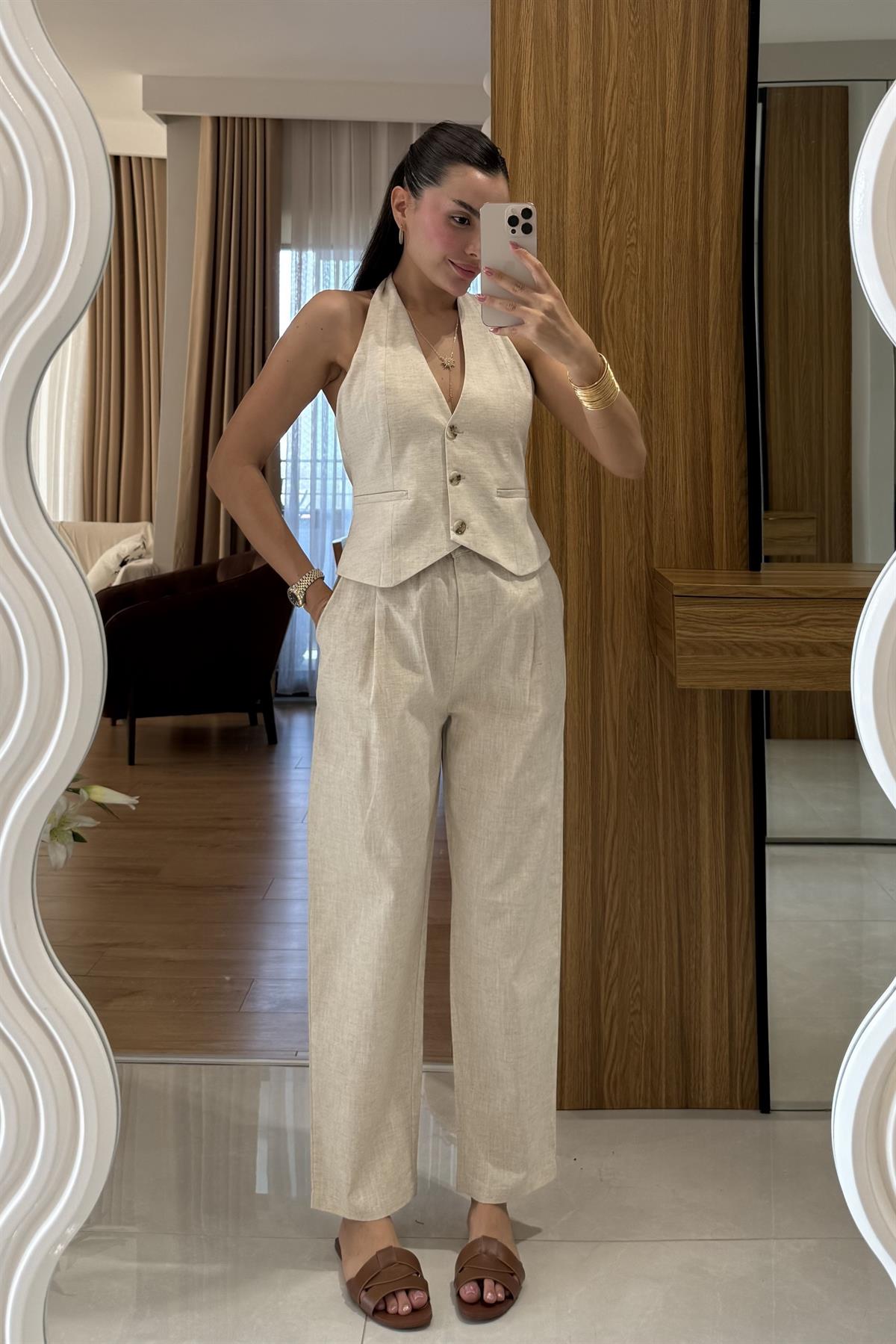 Myles Natural Kemerli Premium Keten Takım