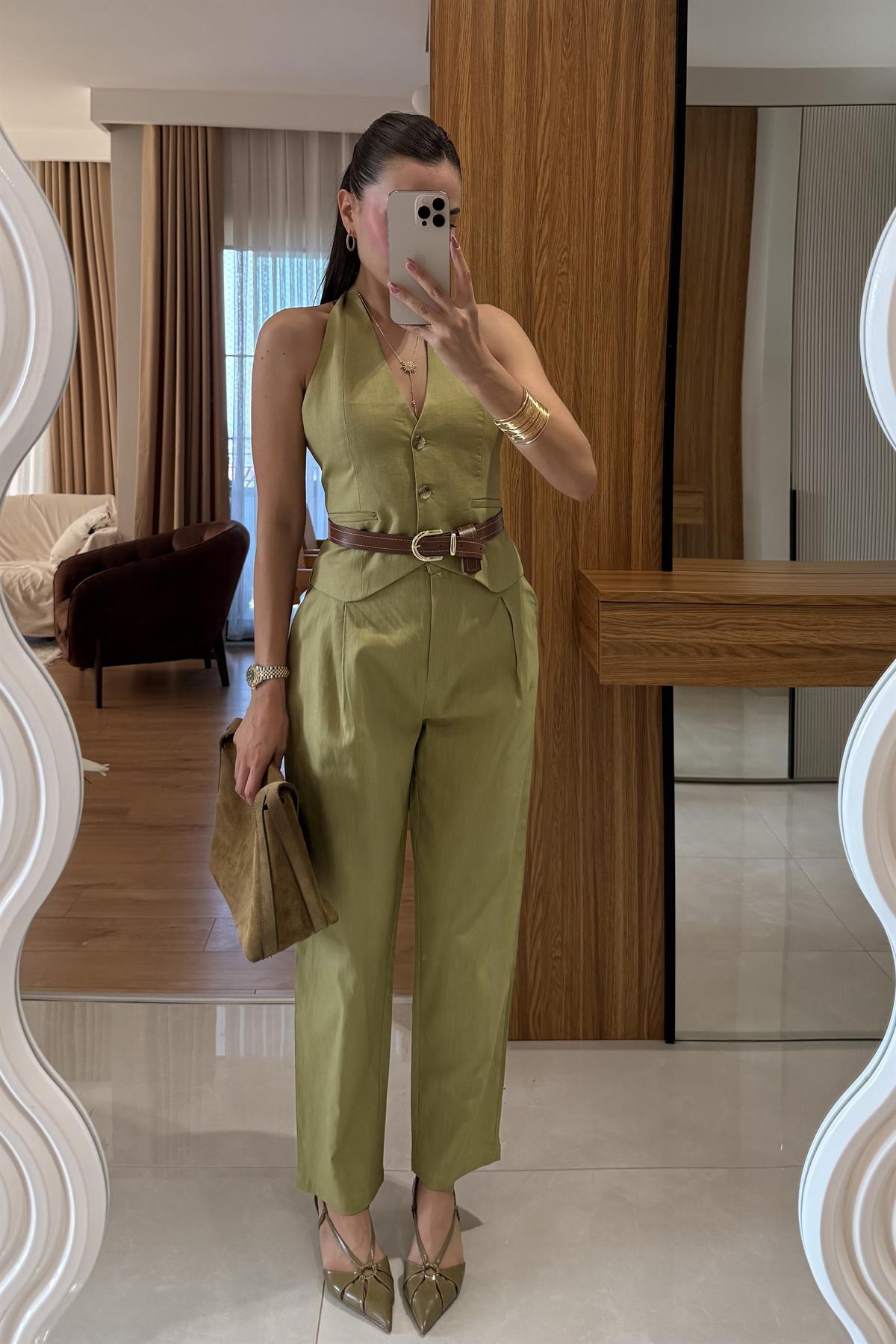 Myles Yeşil Kemerli Premium Keten Takım