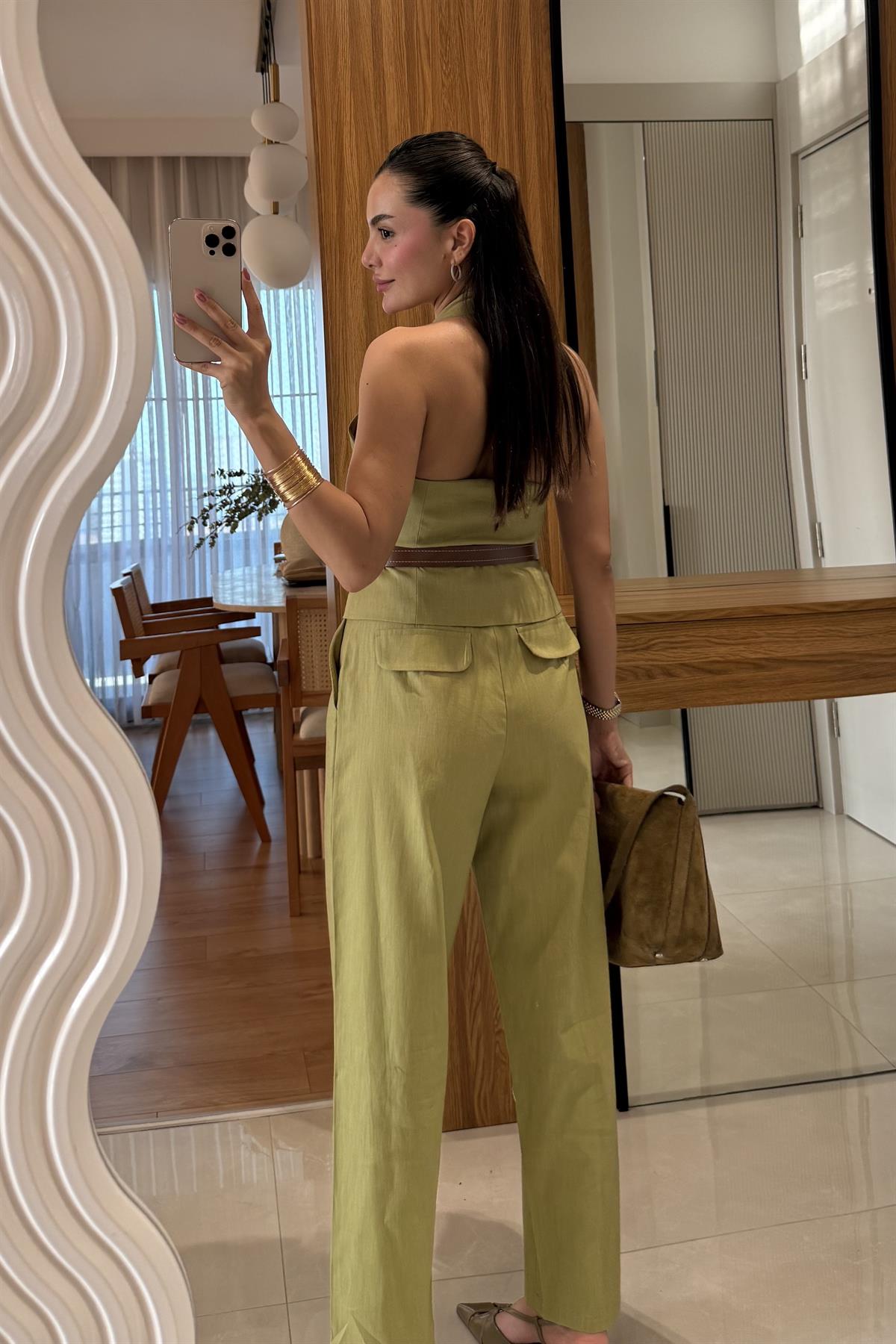 Myles Yeşil Kemerli Premium Keten Takım