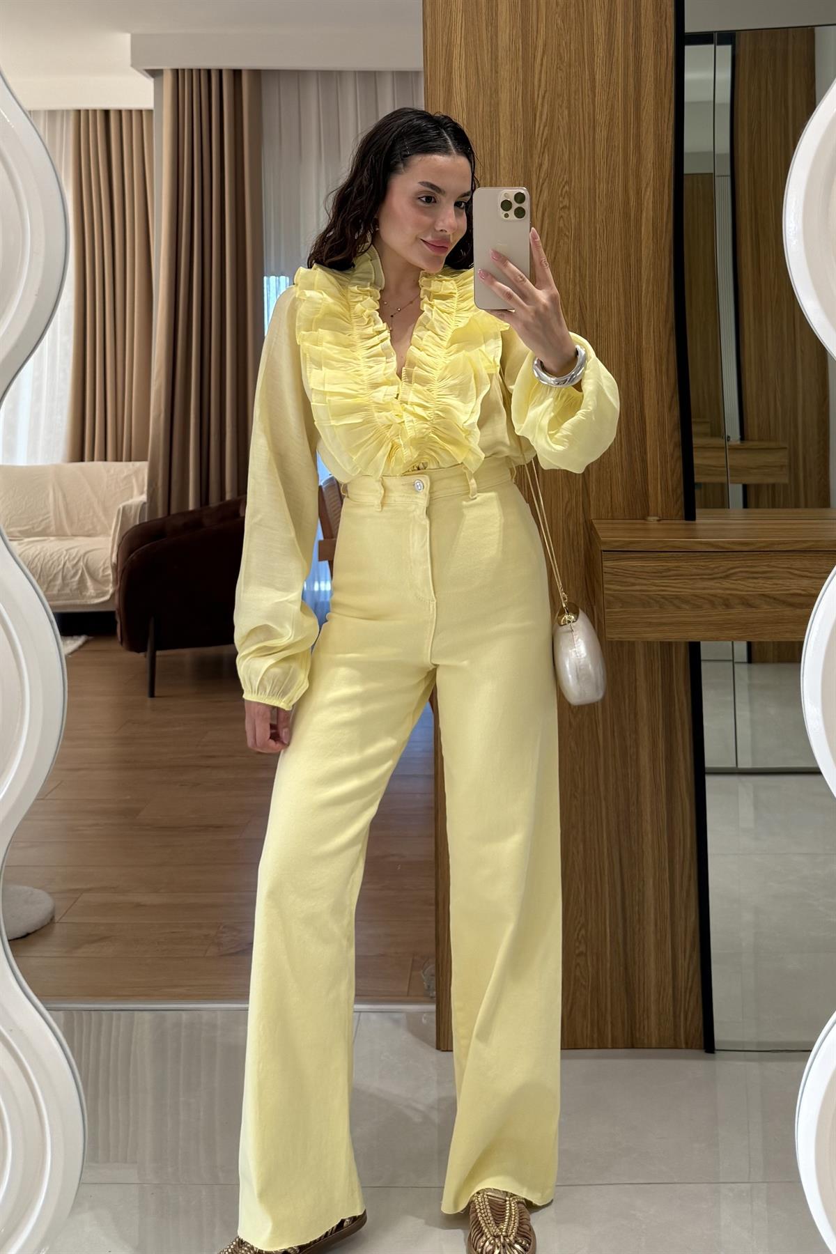 Myora Sarı Yüksek Bel Kesikli Jean