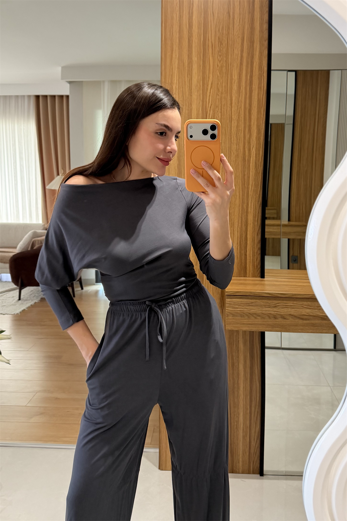 Myra Antrasit Düşük Omuz Modal Takım