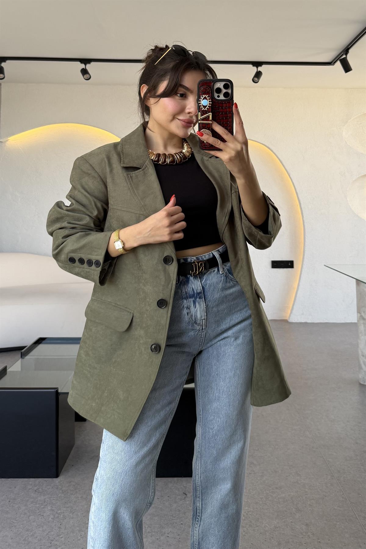 Nadia Haki Süet Vatkalı Blazer Ceket 