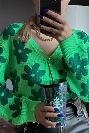 Nakd çiçekli neon yeşili hırka