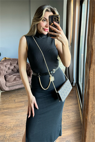 Nakd sıfır kol fitilli siyah triko elbise