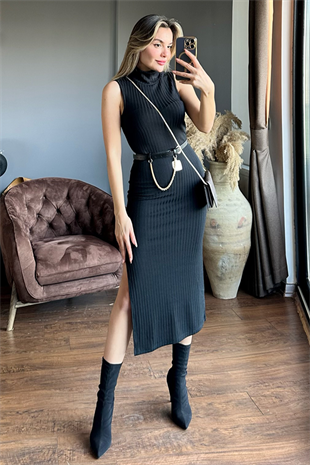 Nakd sıfır kol fitilli siyah triko elbise