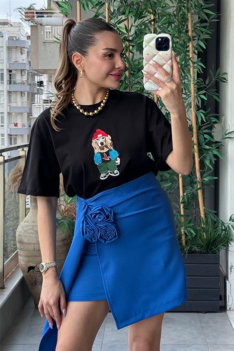 Nana Gül Detaylı Mavi Etek