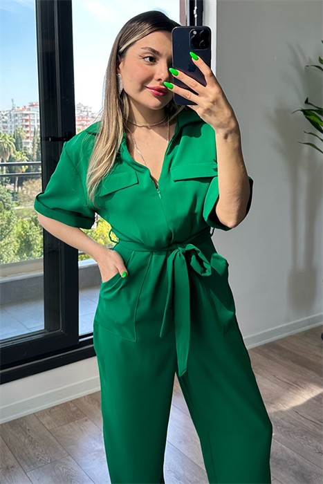 Nanny fermuarlı yarım kol yeşil tulum